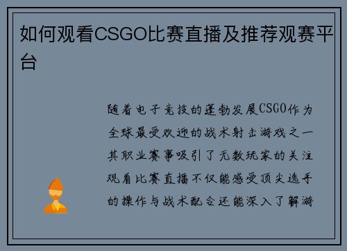 如何观看CSGO比赛直播及推荐观赛平台